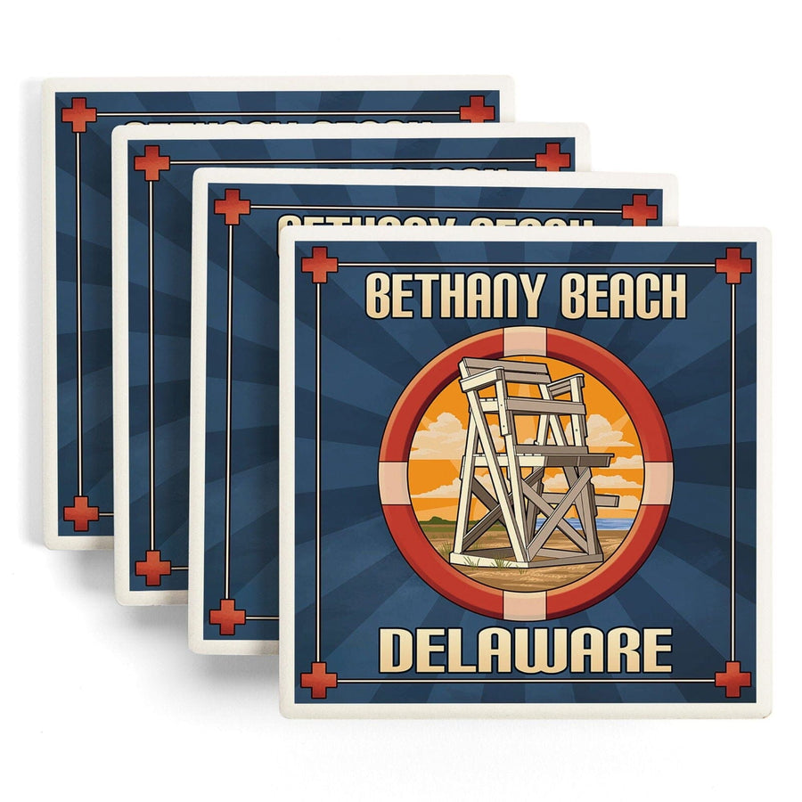 Bethany Beach, Delaware, Lifeguard Chair, Lantern Press Artwork, Coaster Set Coasters Lantern Press 