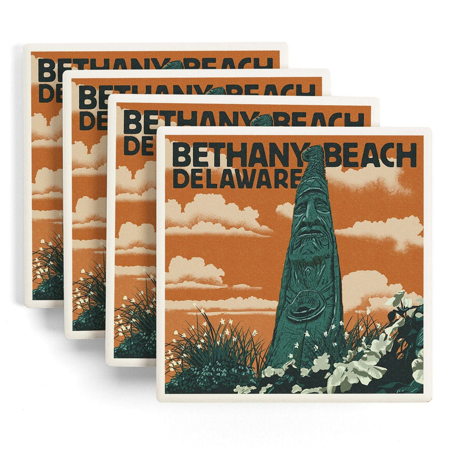 Bethany Beach, Delaware, Totem Pole, Letterpress, Lantern Press Artwork, Coaster Set Coasters Lantern Press 