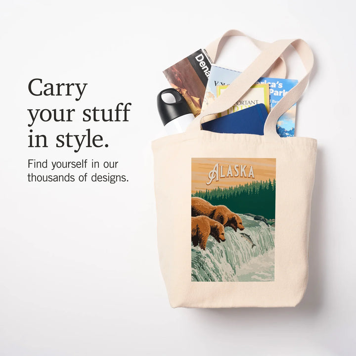 Alaska, Painterly, Grizzly Bears at Salmon Run, Tote Bag