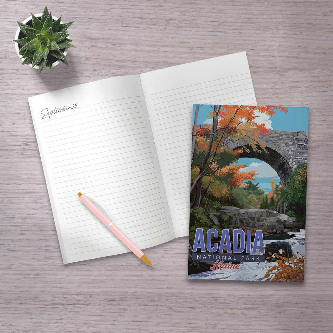 Lined 6x9 Journal, Acadia National Park, Maine, Stone Bridge Illustration, Lay Flat, 193 Pages, FSC paper