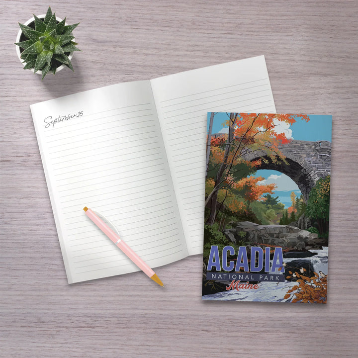 Lined 6x9 Journal, Acadia National Park, Maine, Stone Bridge Illustration, Lay Flat, 193 Pages, FSC paper