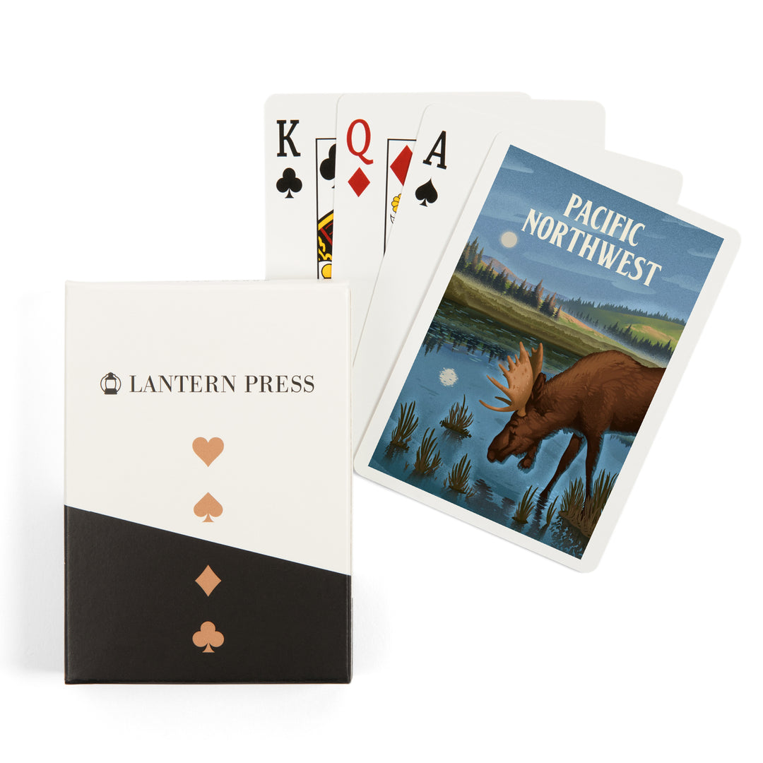 Playing Cards, Pacific Northwest, Lithograph, Reflection Pond and Bull Moose, 52 Card Deck with Jokers in Box, Unique Art