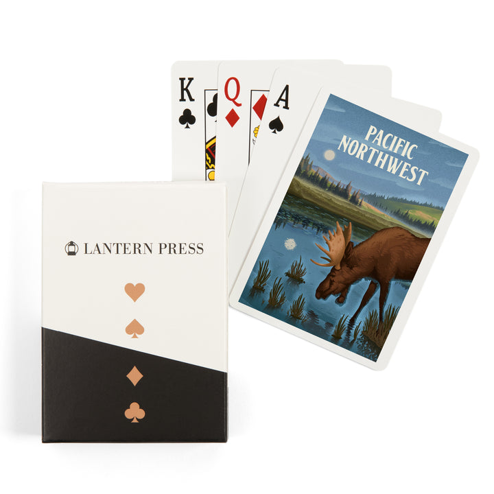 Playing Cards, Pacific Northwest, Lithograph, Reflection Pond and Bull Moose, 52 Card Deck with Jokers in Box, Unique Art