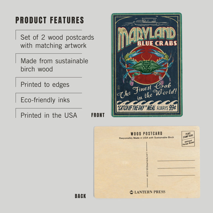 Maryland, Blue Crabs Vintage Advertisement, Wood Sign and Postcards