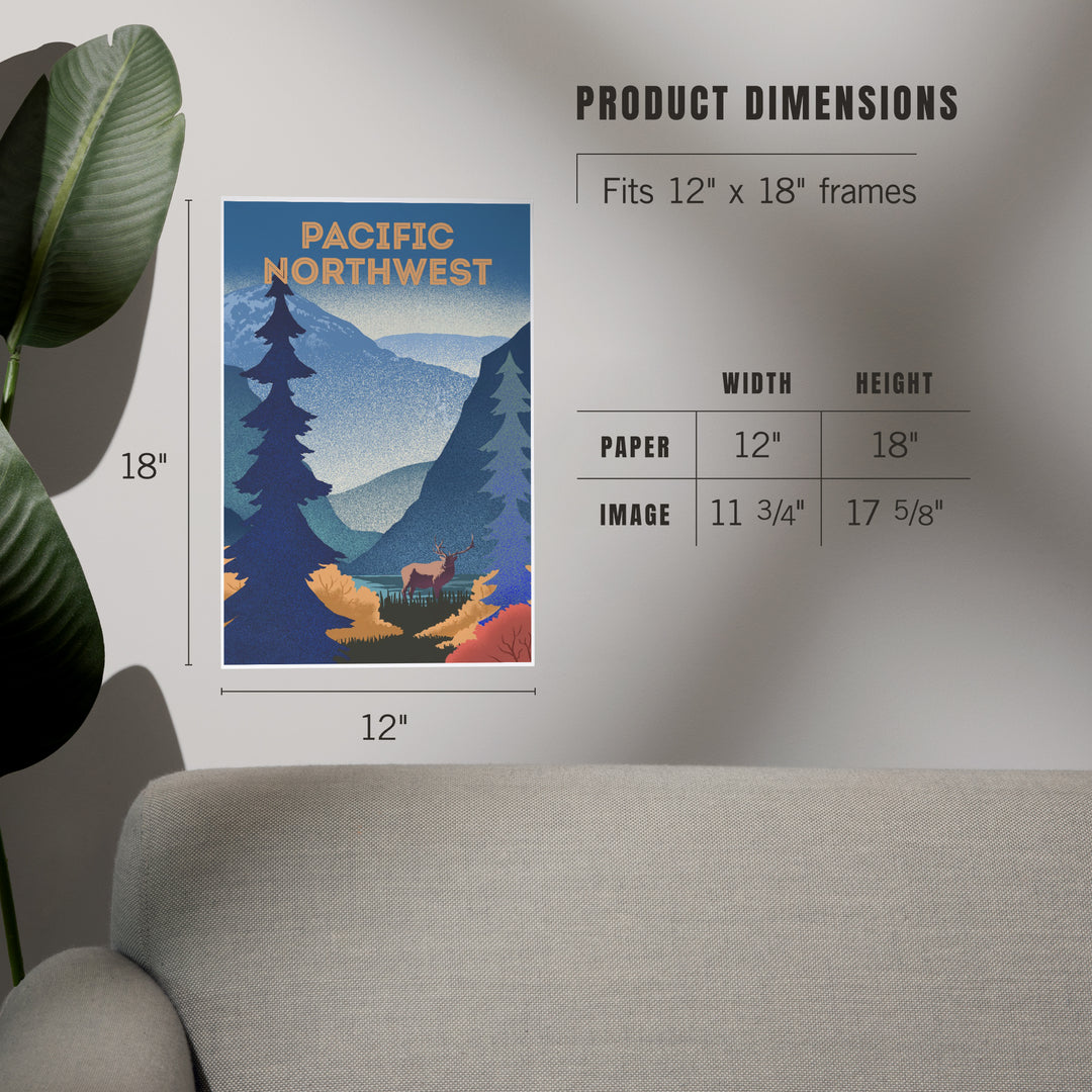 Pacific Northwest, Lithograph, Elk and Mountains Scene, Art & Giclee Prints