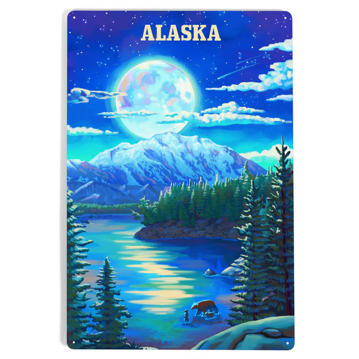 Alaska, Oil Painting, Lake and Super Moon, 12x18 Metal Sign