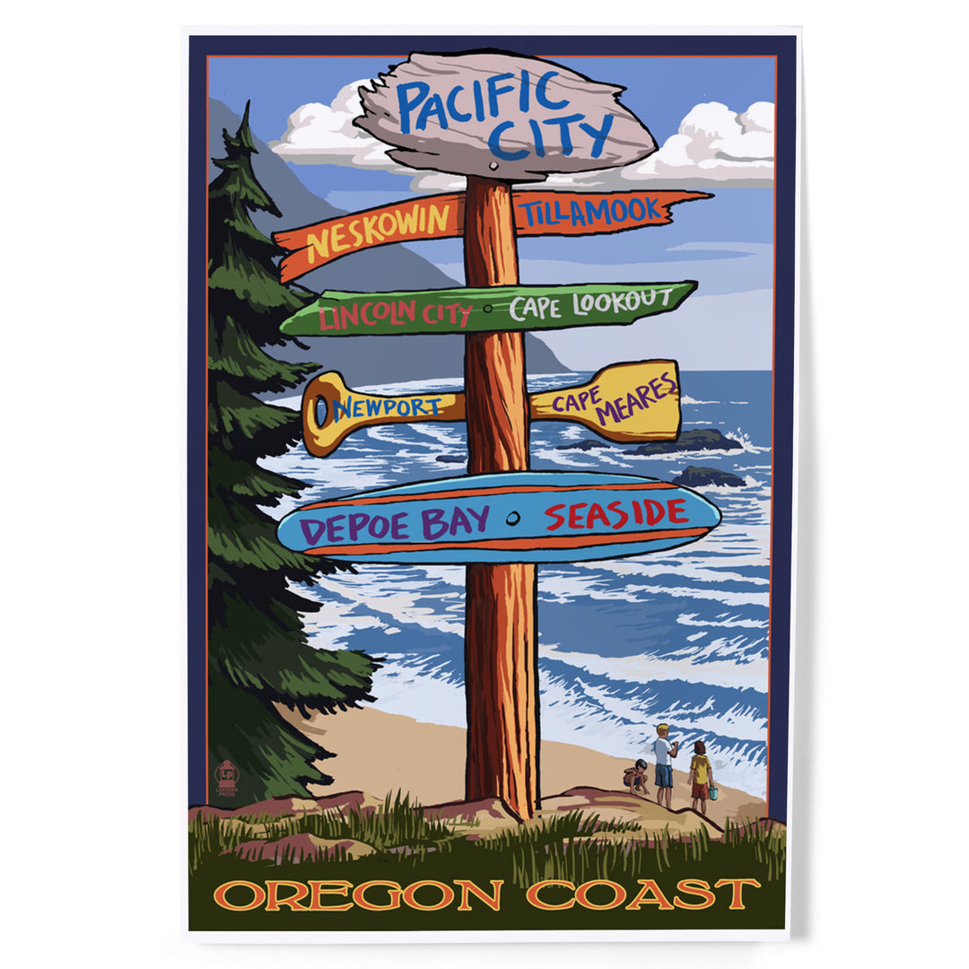 Pacific City, Oregon Destinations Sign, Lantern Press Poster, Art Prints and Metal Signs