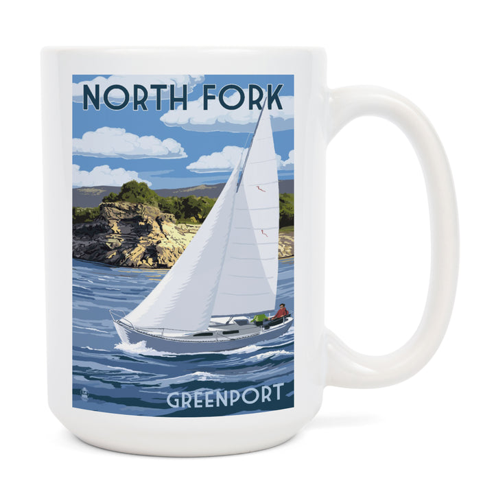 Greenport, New York, Sloop Sailboat & Lake, Lantern Press Artwork, Ceramic Mug