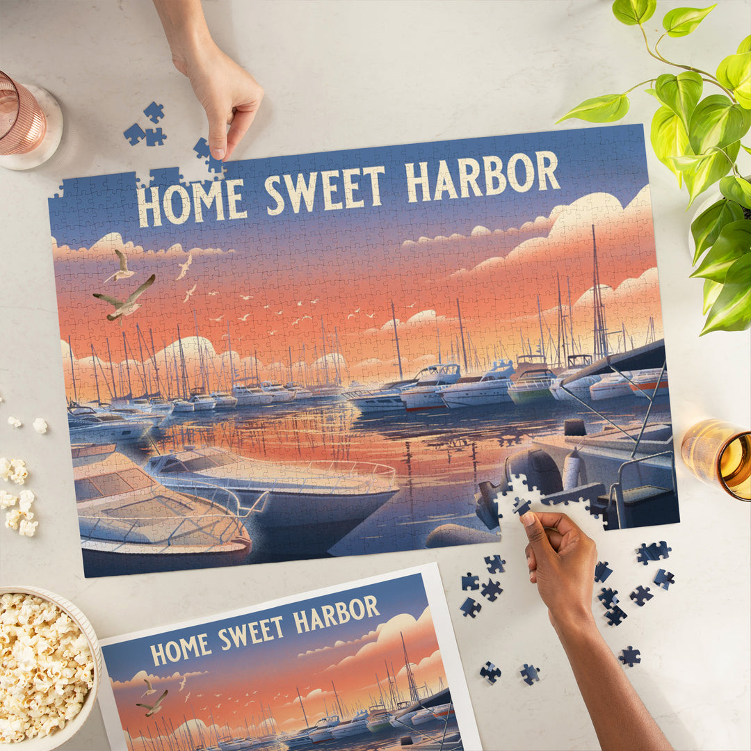 Lithograph, Home Sweet Harbor, Boats in Marina, Jigsaw Puzzle