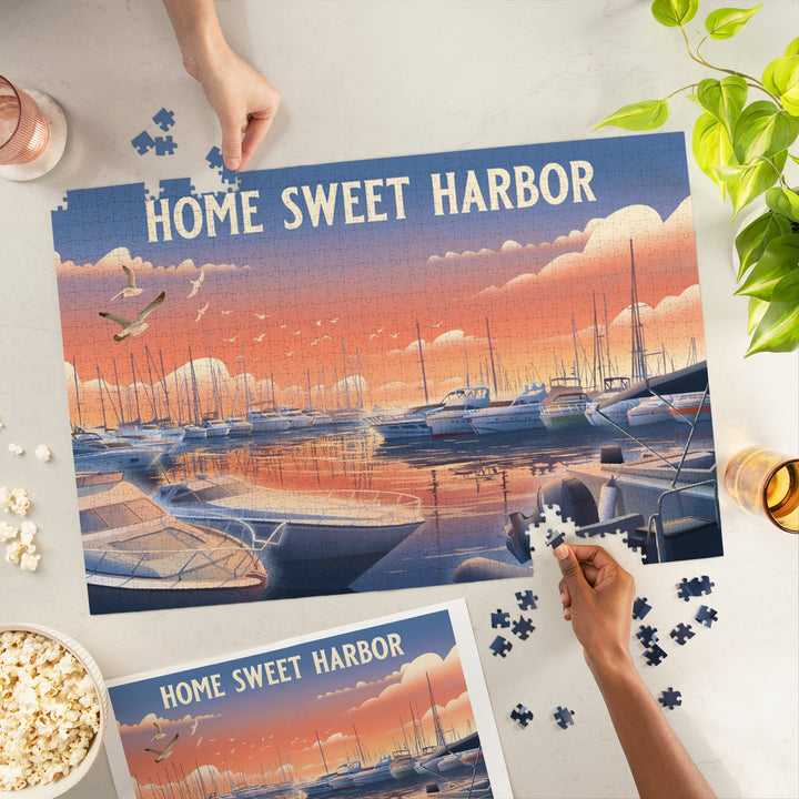 Lithograph, Home Sweet Harbor, Boats in Marina, Jigsaw Puzzle