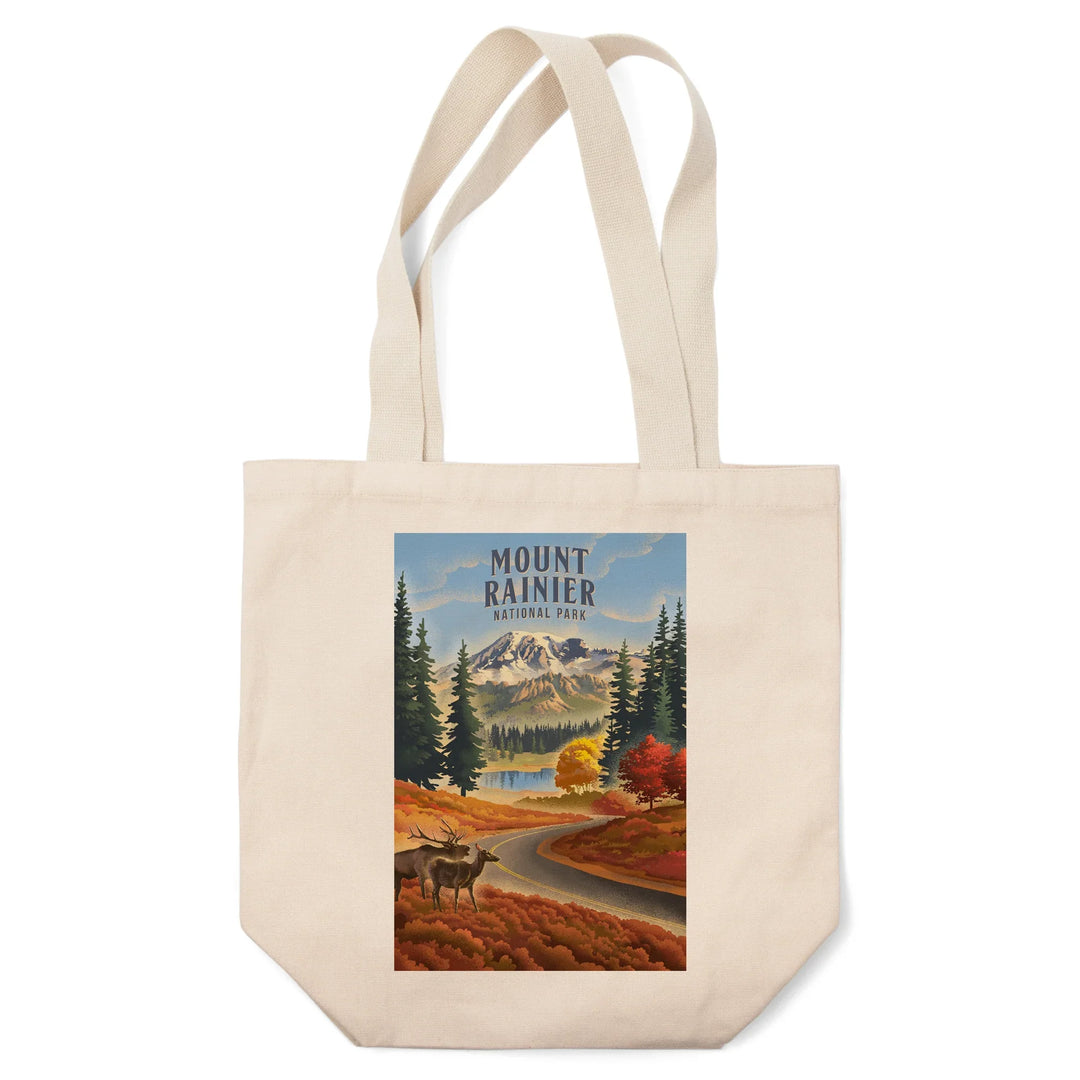 Mt Rainier National Park, Washington, Lithograph, Paradise Road with Elk, Tote Bag