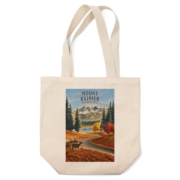 Mt Rainier National Park, Washington, Lithograph, Paradise Road with Elk, Tote Bag
