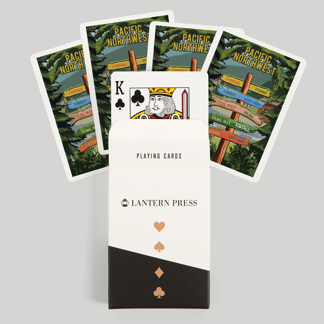 Playing Cards, Pacific Northwest, Signpost, Forest and Camp, 52 Card Deck with Jokers in Box, Unique Art