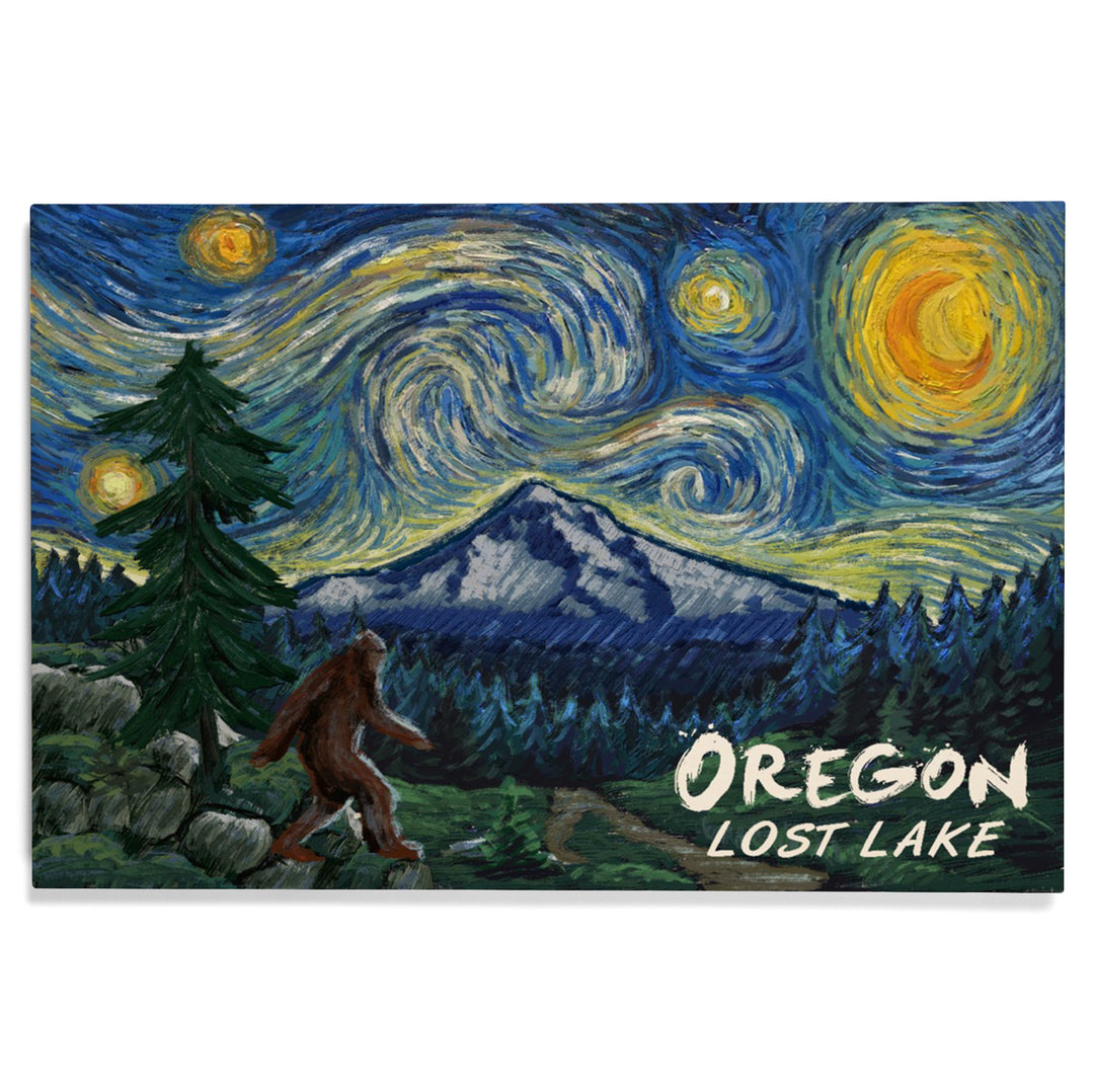 Lost Lake, Oregon, Bigfoot, Mt Hood, Starry Night, Lantern Press Artwork, Wood Signs and Postcards