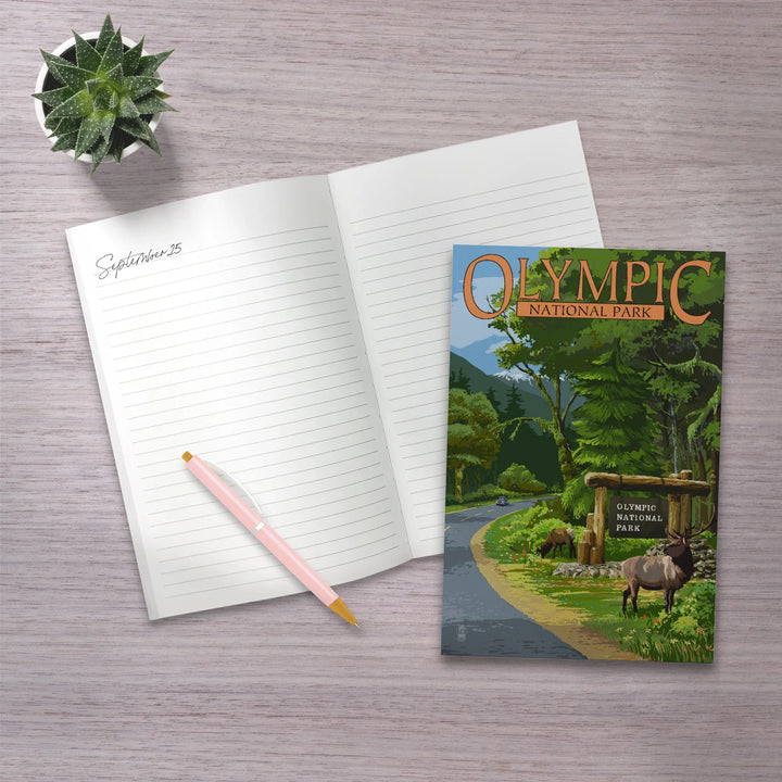 Lined 6x9 Journal, Olympic National Park, Washington, Park Entrance and Elk, Without Shield, Lay Flat, 193 Pages, FSC paper