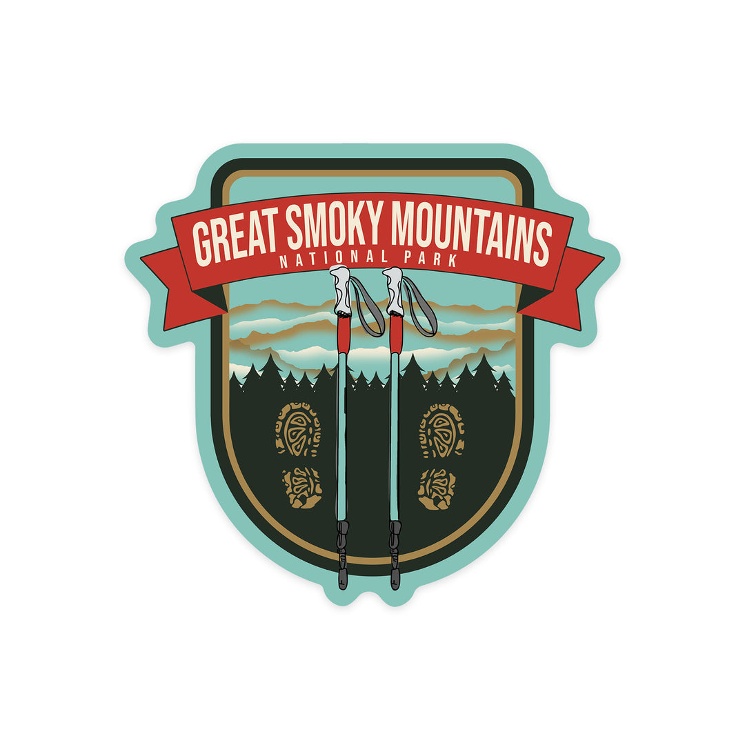 Great Smoky Mountains National Park, Hiking Poles & Shoe Prints, Contour, Lantern Press Artwork, Vinyl Sticker