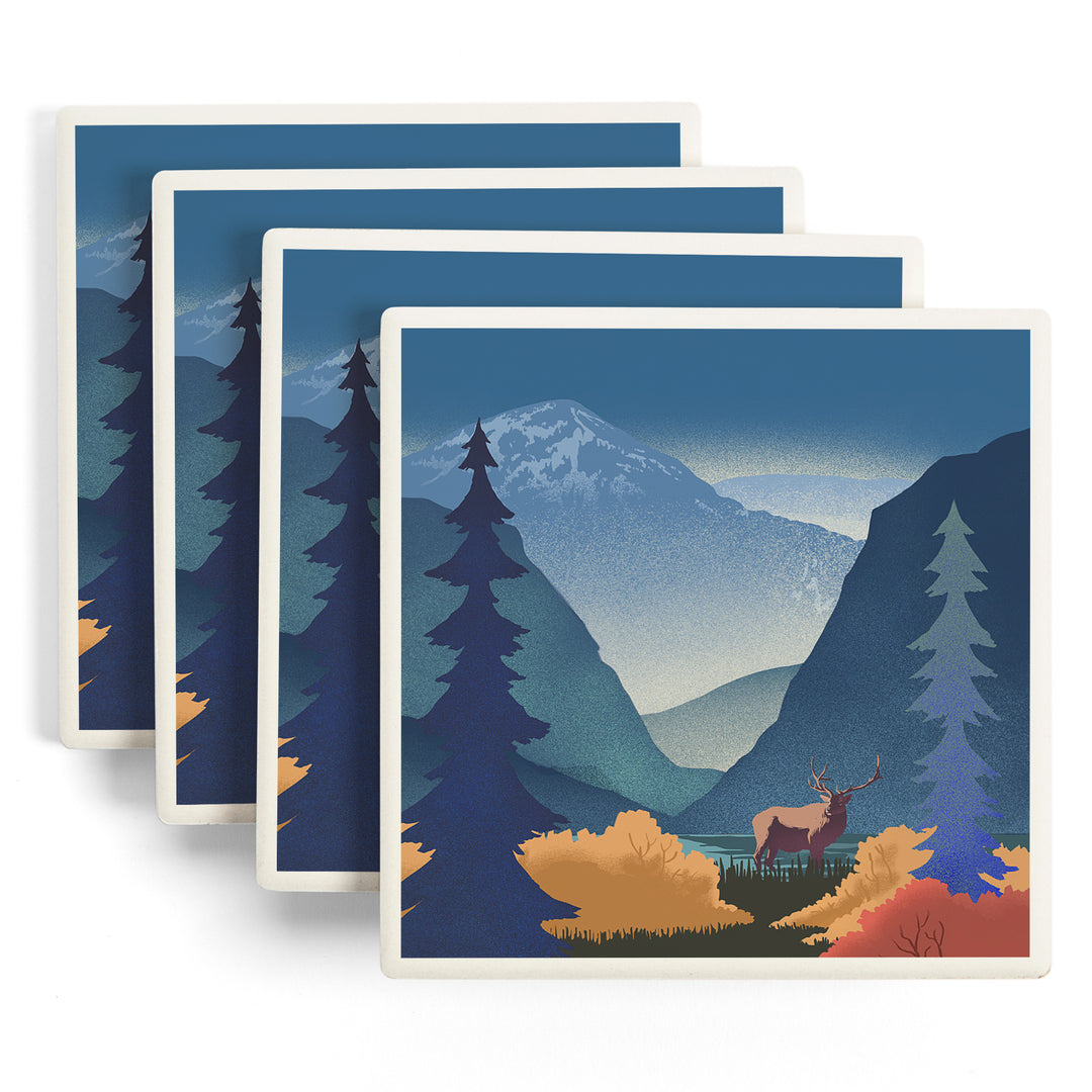 Lithograph, Elk and Mountains Scene ceramic coaster set
