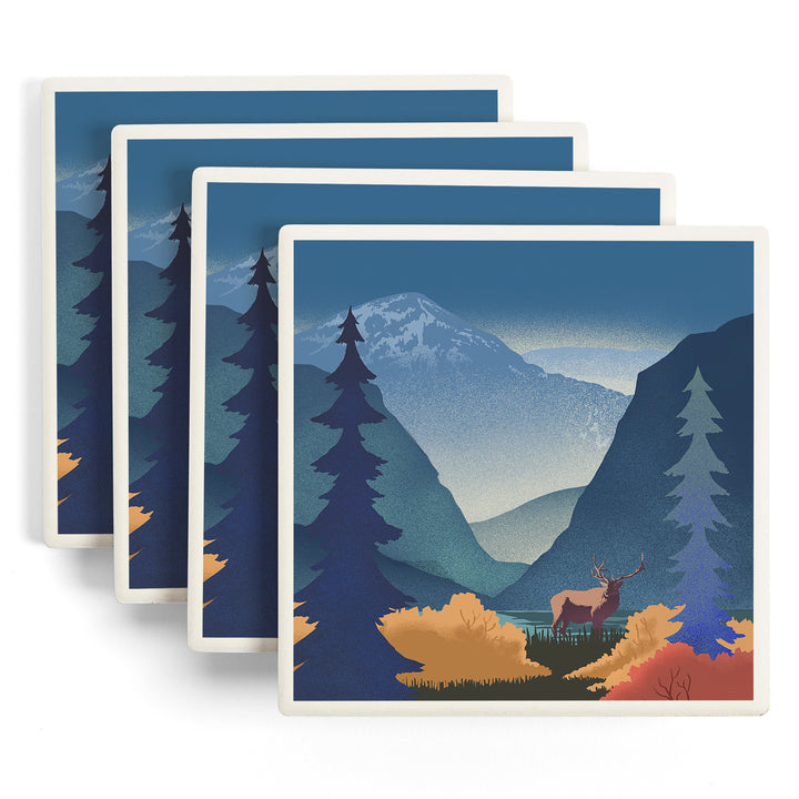 Lithograph, Elk and Mountains Scene ceramic coaster set