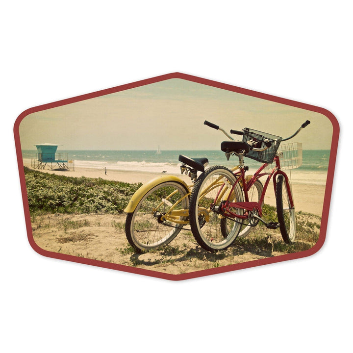 Bicycles and Beach Scene, Contour, Vinyl Sticker Sticker Lantern Press 