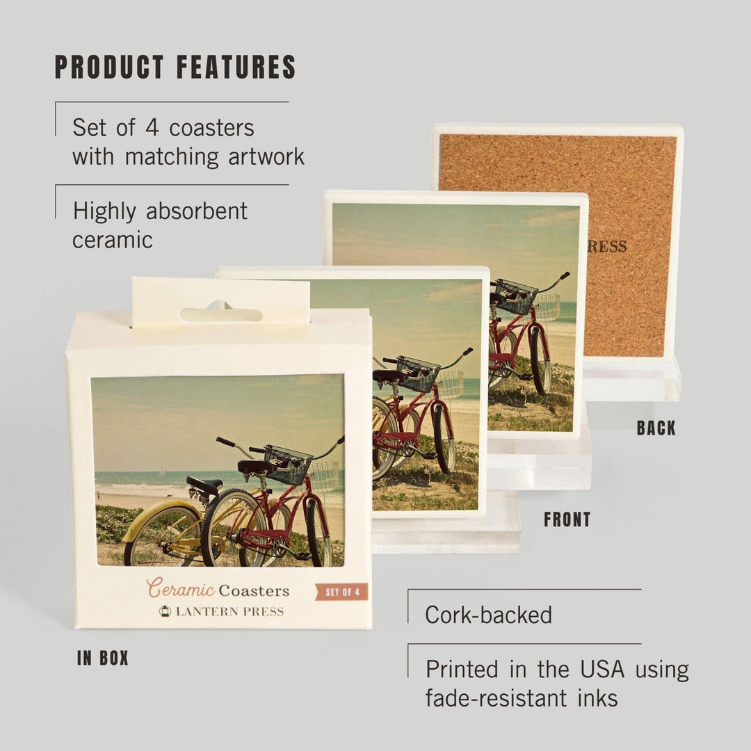 Bicycles & Beach Scene, Lantern Press Photography, Coaster Set Coasters Lantern Press 