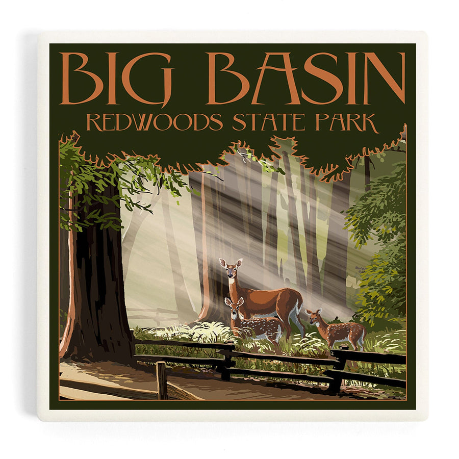 Big Basin Redwoods Park, California, Deer and Fawns, Coasters Coasters Lantern Press 