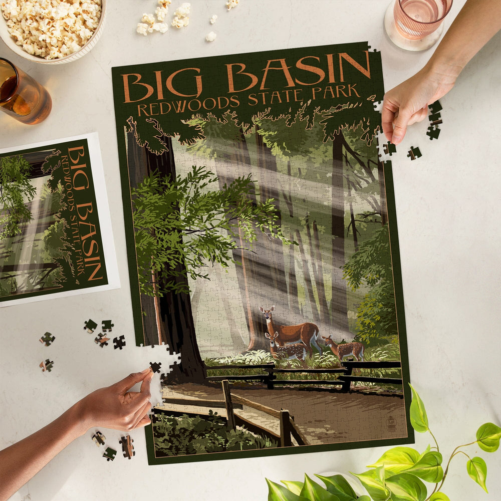 Big Basin Redwoods Park, California, Deer and Fawns, Jigsaw Puzzle Puzzle Lantern Press 