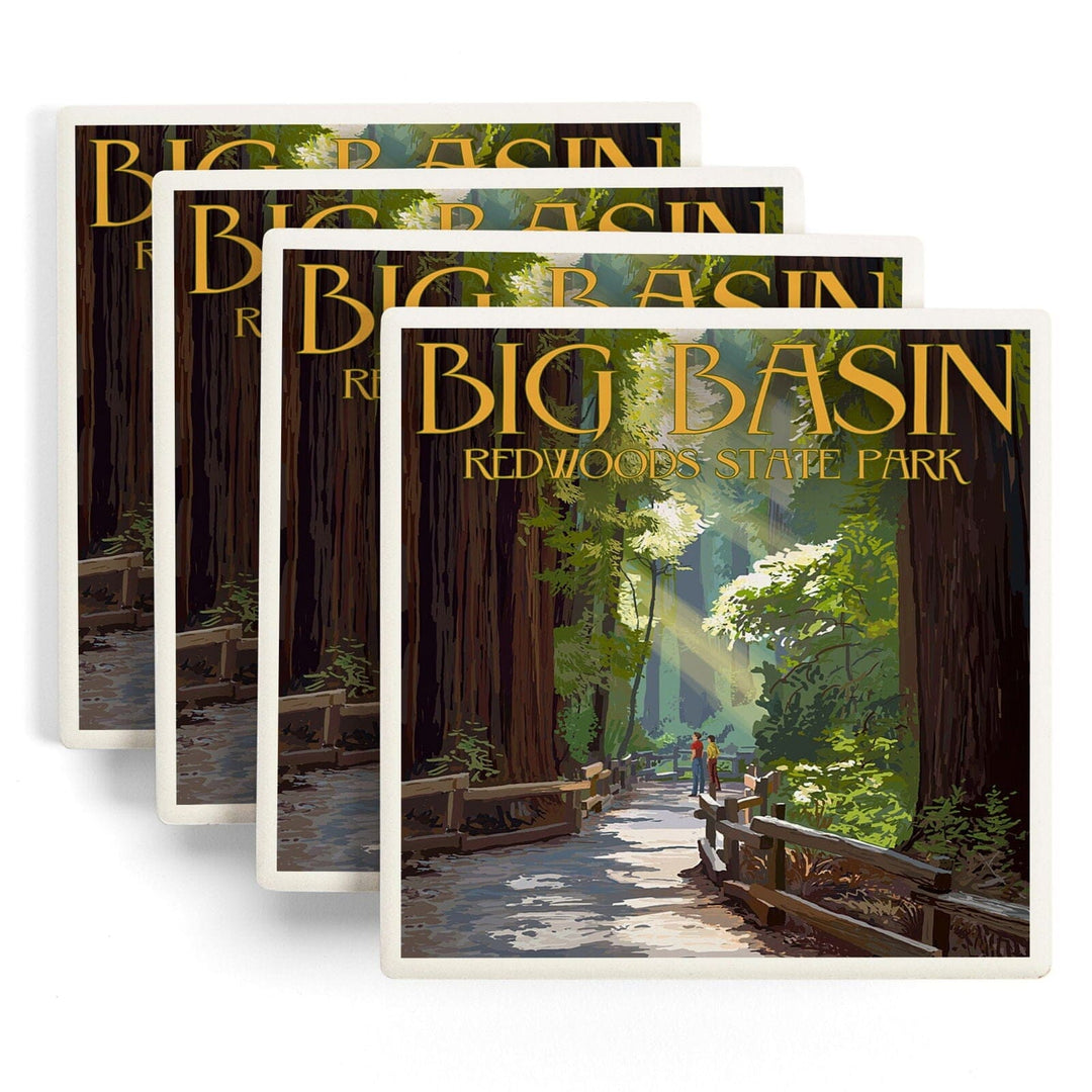 Big Basin Redwoods Park, California, Pathway in Trees, Lantern Press Artwork, Coaster Set Coasters Lantern Press 