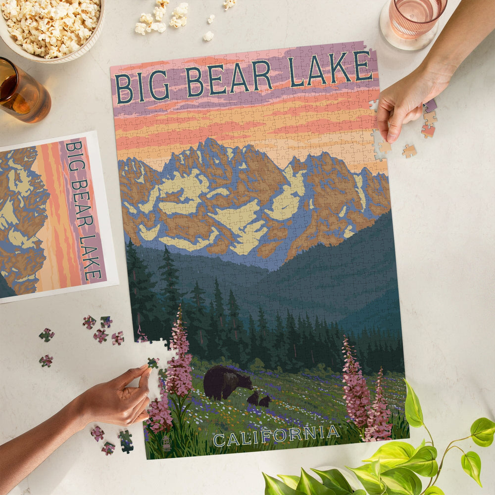 Big Bear Lake, California, Bear and Spring Flowers, Jigsaw Puzzle Puzzle Lantern Press 