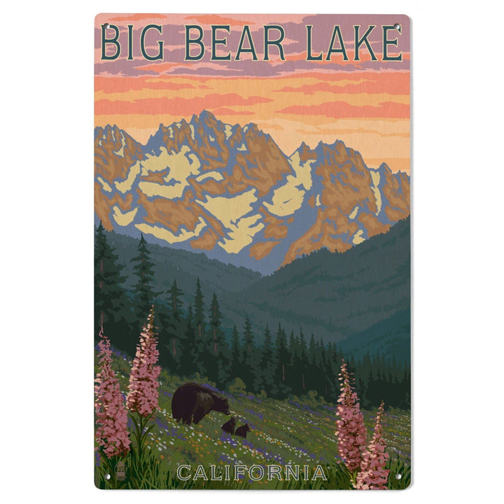 Big Bear Lake, California, Bear and Spring Flowers, Lantern Press Artwork, Wood Signs and Postcards Wood Lantern Press 