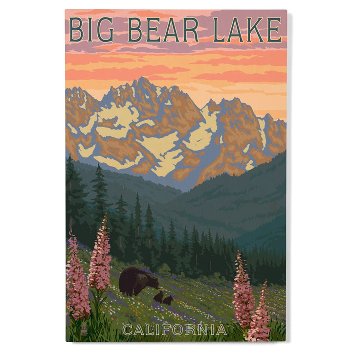 Big Bear Lake, California, Bear and Spring Flowers, Lantern Press Artwork, Wood Signs and Postcards Wood Lantern Press 