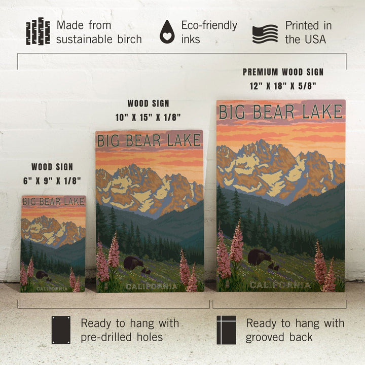 Big Bear Lake, California, Bear and Spring Flowers, Lantern Press Artwork, Wood Signs and Postcards Wood Lantern Press 