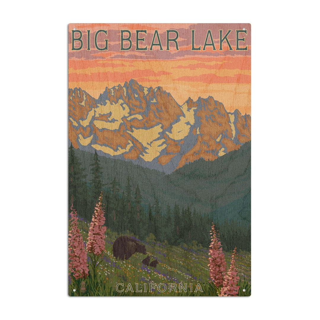 Big Bear Lake, California, Bear and Spring Flowers, Lantern Press Artwork, Wood Signs and Postcards Wood Lantern Press 