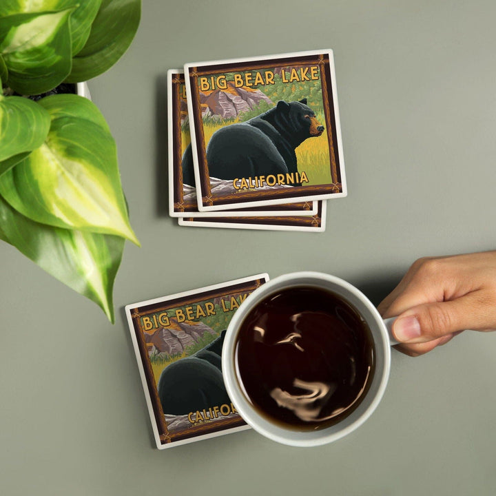 Big Bear Lake, California, Black Bear in Forest, Lantern Press Artwork, Coaster Set Coasters Lantern Press 