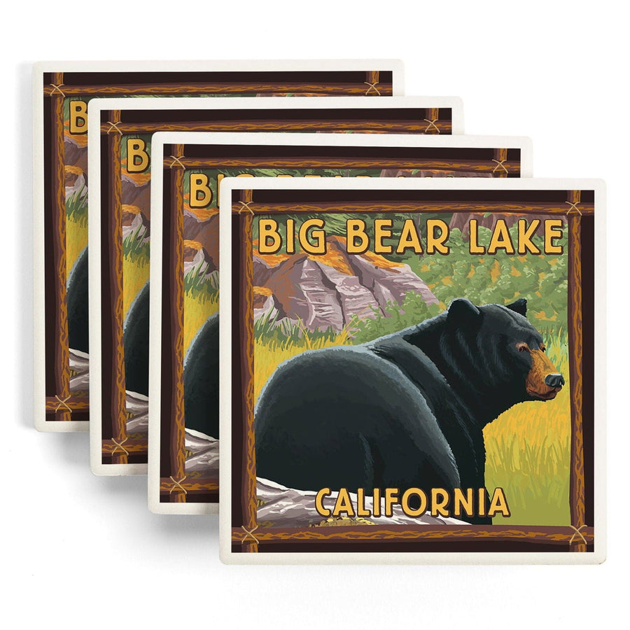 Big Bear Lake, California, Black Bear in Forest, Lantern Press Artwork, Coaster Set Coasters Lantern Press 