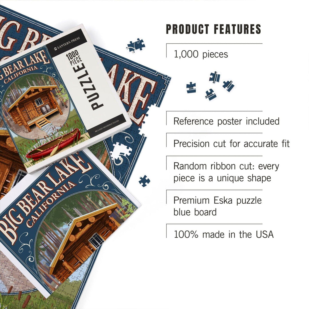 Big Bear Lake, California, Cabin in Woods Montage, Jigsaw Puzzle Puzzle Lantern Press 