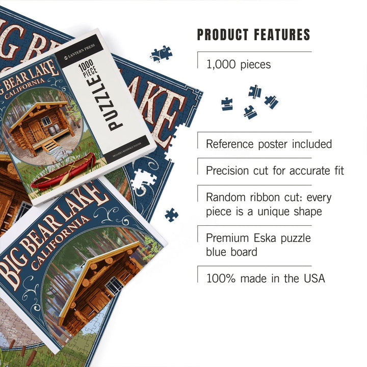 Big Bear Lake, California, Cabin in Woods Montage, Jigsaw Puzzle Puzzle Lantern Press 