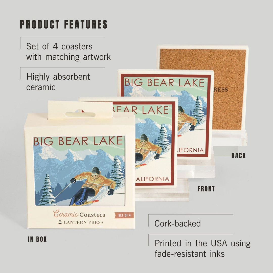 Big Bear Lake, California, Downhill Skier, Lantern Press Artwork, Coaster Set Coasters Lantern Press 