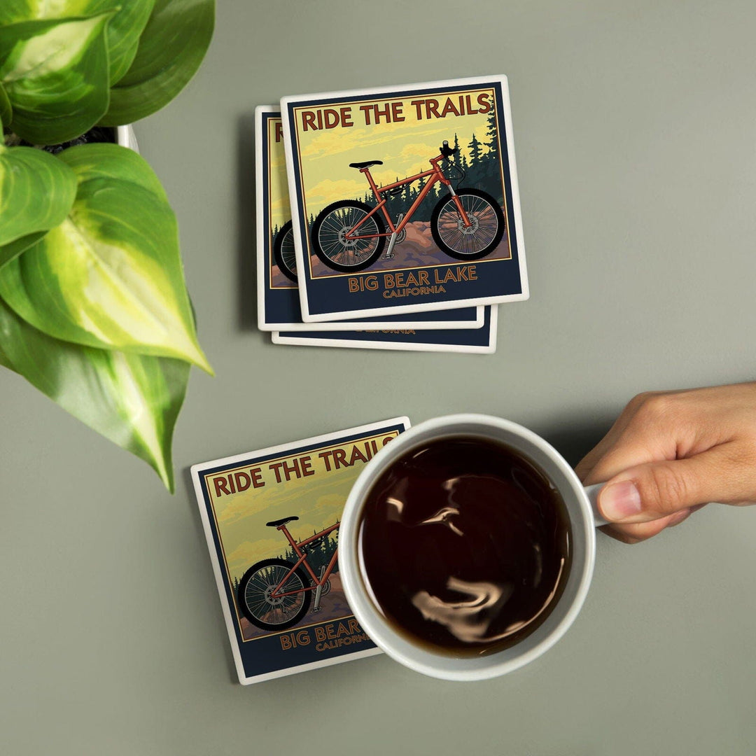 Big Bear Lake, California, Mountain Bike Scene, Lantern Press Artwork, Coaster Set Coasters Lantern Press 