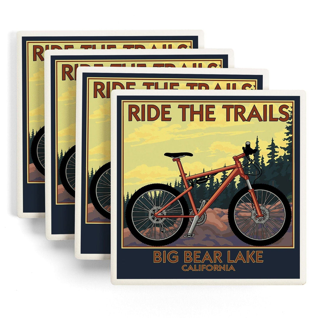 Big Bear Lake, California, Mountain Bike Scene, Lantern Press Artwork, Coaster Set Coasters Lantern Press 