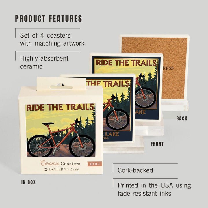 Big Bear Lake, California, Mountain Bike Scene, Lantern Press Artwork, Coaster Set Coasters Lantern Press 