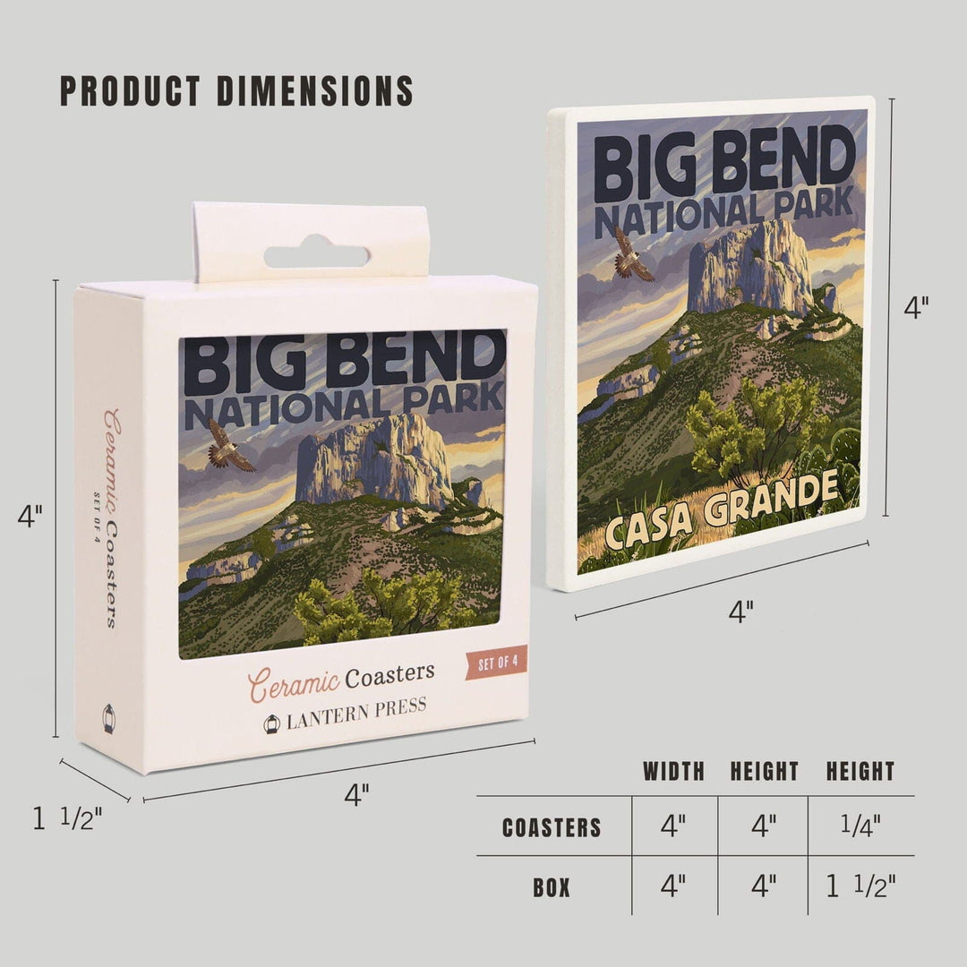 Big Bend National Park, Texas, Casa Grande, Lantern Press Artwork, Coaster Set Coasters Lantern Press 