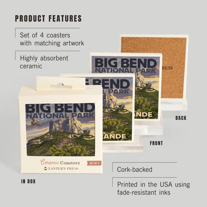 Big Bend National Park, Texas, Casa Grande, Lantern Press Artwork, Coaster Set Coasters Lantern Press 