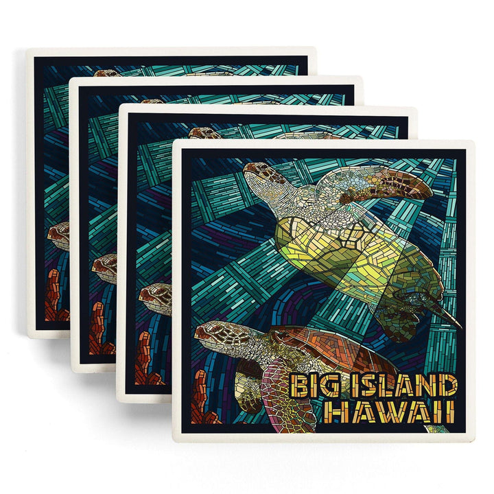 Big Island, Hawaii, Sea Turtle, Mosaic, Lantern Press Artwork, Coaster Set Coasters Lantern Press 