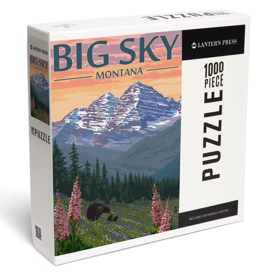 Big Sky, Montana, Bear and Spring Flowers, Jigsaw Puzzle Puzzle Lantern Press 
