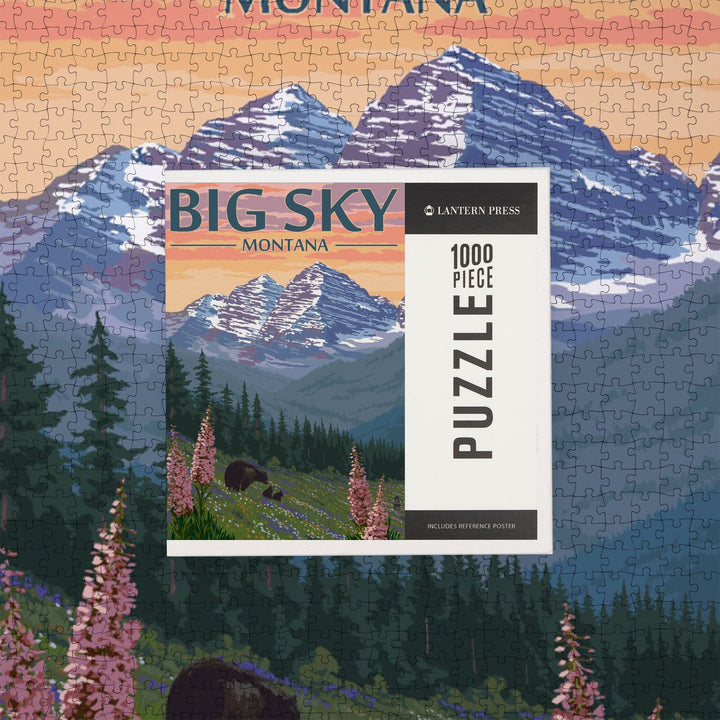Big Sky, Montana, Bear and Spring Flowers, Jigsaw Puzzle Puzzle Lantern Press 
