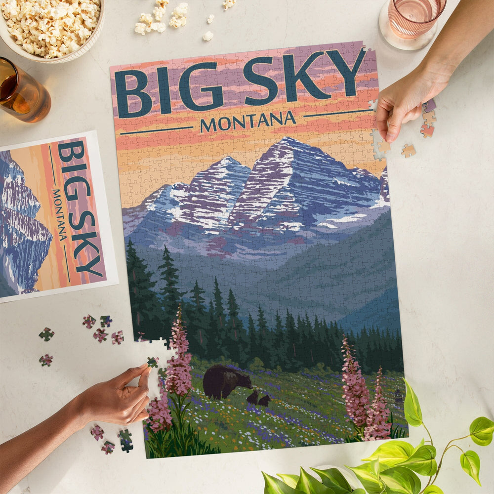 Big Sky, Montana, Bear and Spring Flowers, Jigsaw Puzzle Puzzle Lantern Press 