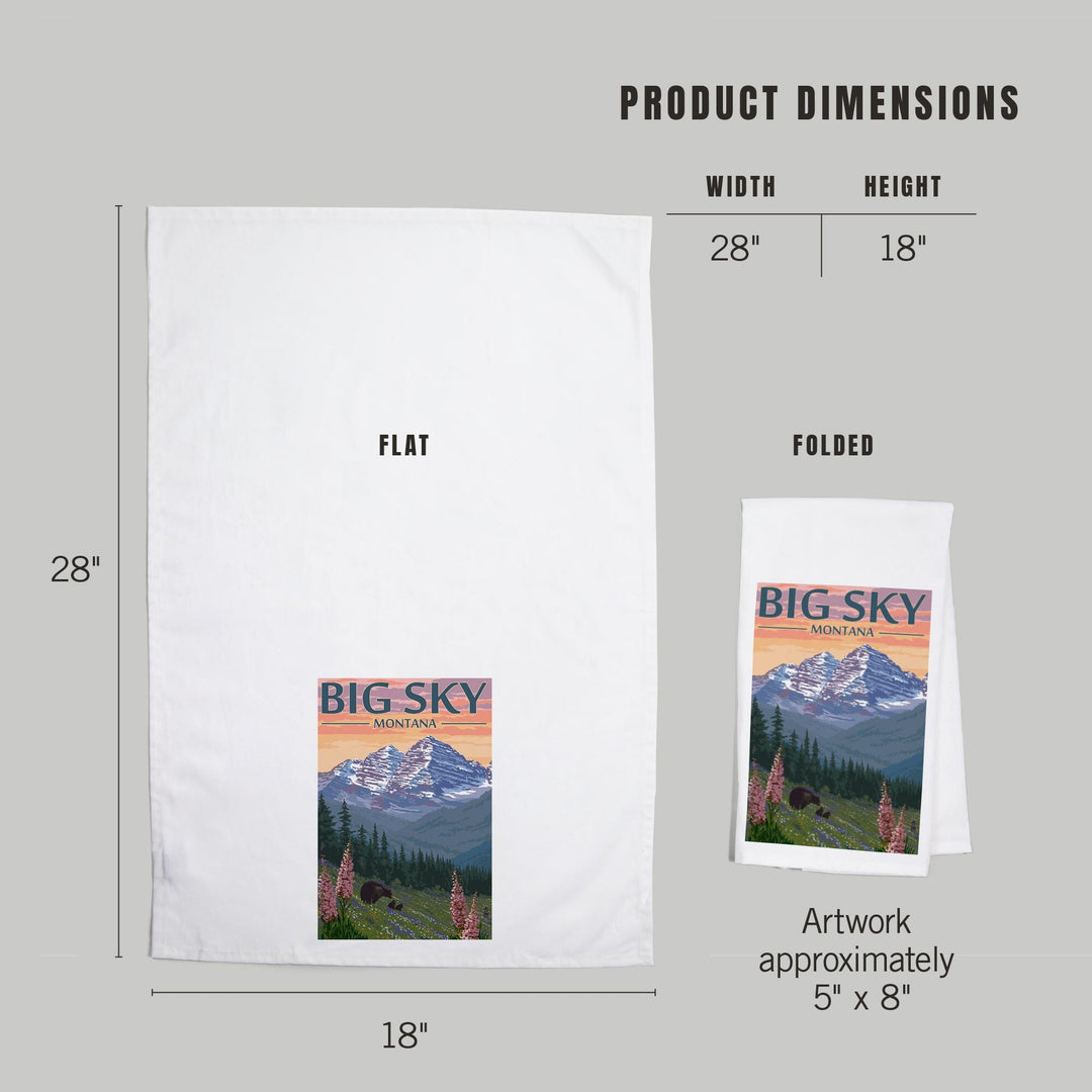 Big Sky, Montana, Bear and Spring Flowers, Organic Cotton Kitchen Tea Towels Kitchen Lantern Press 