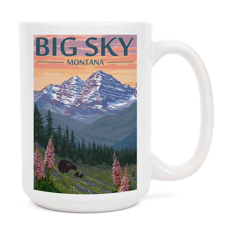 Big Sky, Montana, Bear & Spring Flowers, Lantern Press Artwork, Ceramic Mug Mugs Lantern Press 