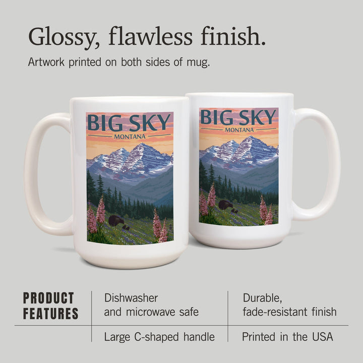 Big Sky, Montana, Bear & Spring Flowers, Lantern Press Artwork, Ceramic Mug Mugs Lantern Press 