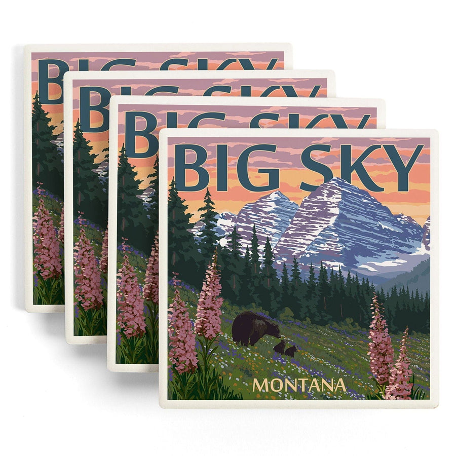 Big Sky, Montana, Bear & Spring Flowers, Lantern Press Artwork, Coaster Set Coasters Lantern Press 